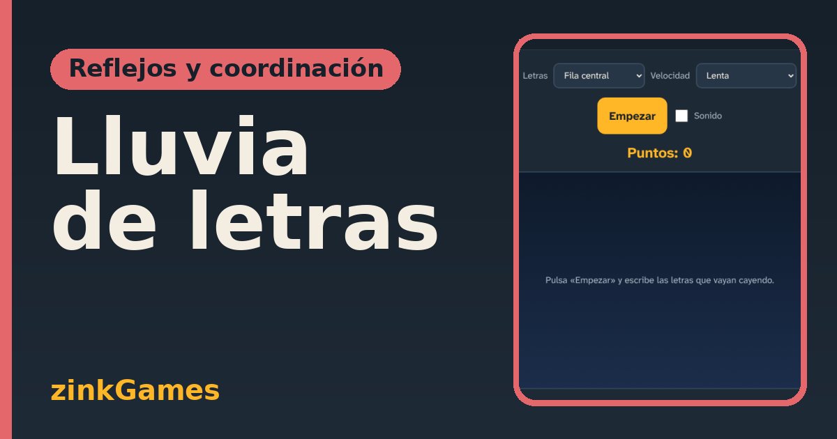 Captura del juego Lluvia de letras: Letras que caen y se atrapan pulsando su tecla: cada acierto suma un punto. Sin vidas…