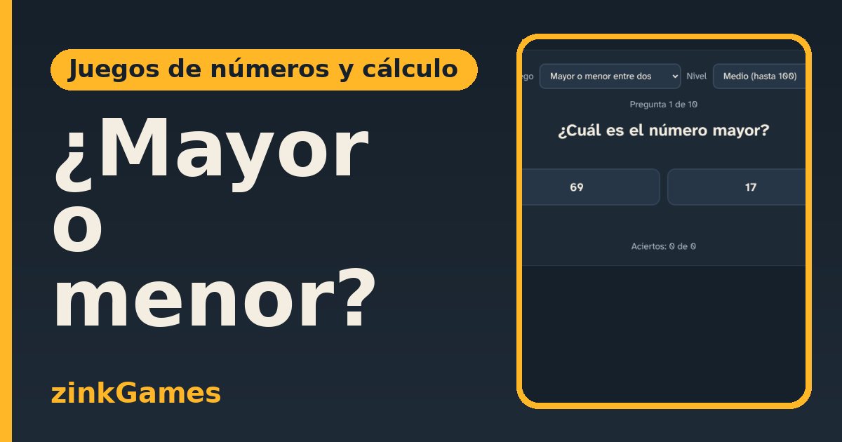 Captura del juego ¿Mayor o menor?: Elige el número mayor o el menor entre dos. Tres niveles (hasta 10, 100 y 1000), botones…