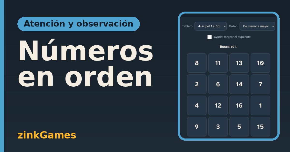 Captura del juego Números en orden: Encuentra y pulsa los números en orden en un tablero mezclado. Tableros de 9, 16 o 25…